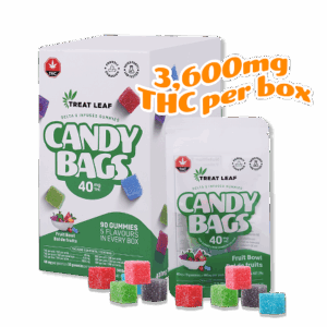 Fruit Bowl Box – 40mg per gummy x 10 gummies per bag x 9 bag per box = 3,600mg THC per box