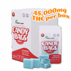 Cotton Candy Blue Raspberry - 1000mg per gummy x 5 gummies per bag x 9 bag per box = 45,000mg THC per box